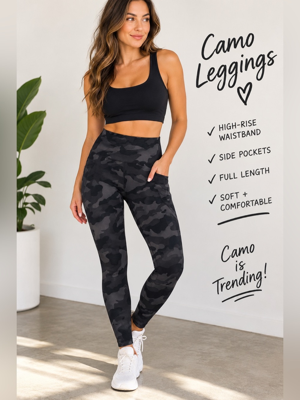 Old Navy Powersoft High Rise Camo Leggings Large L Workout Pockets Gray Black